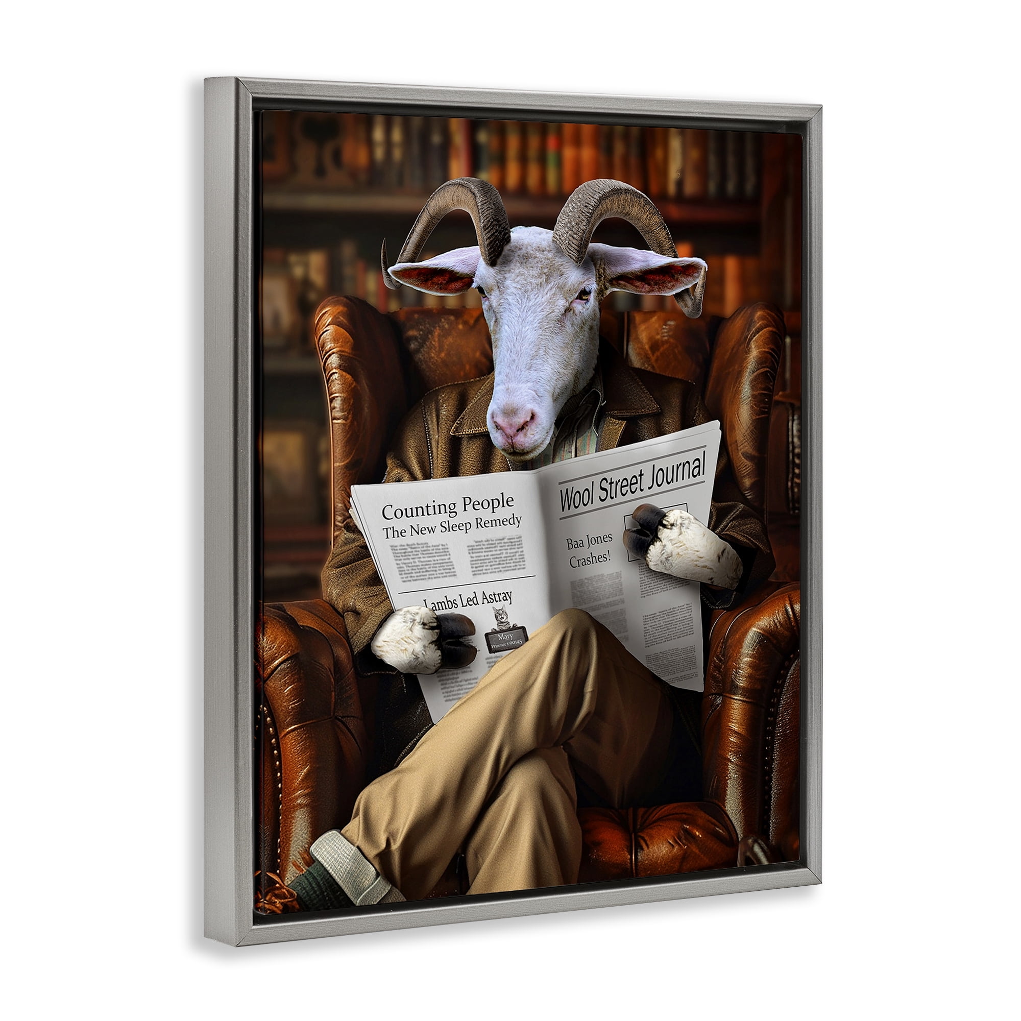 Stupell Industries Goat in Vintage Library Animals & Insects Painting Gray Floater Framed Canvas Art Print Wall Art, 25 x 31