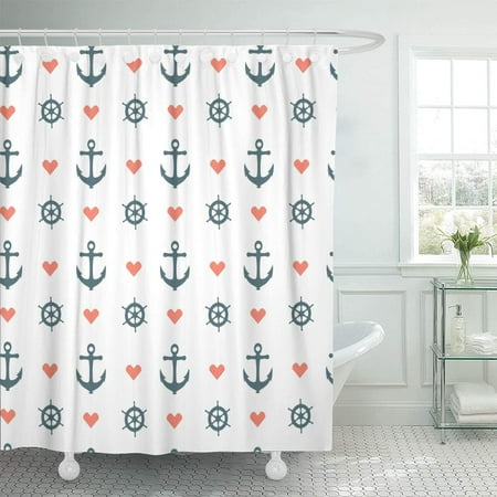 KSADK Blue Anchor Nautical Pattern with Red Heart White and Ship Girly Marine Craft Cute Idea Bathroom Shower Curtain 60x72