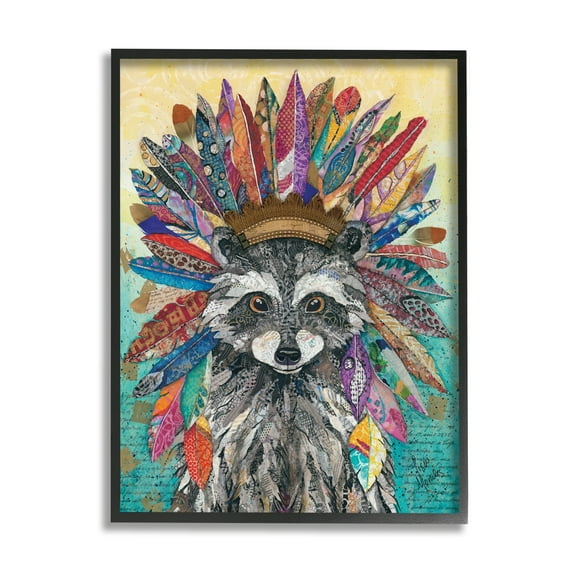 Stupell Industries Bold Tribal Raccoon Mixed Ephemera Collage Painting Painting Black Framed Art Print Wall Art, Design by Lisa Morales