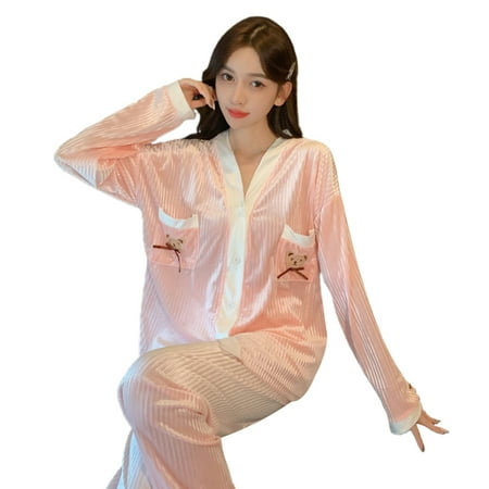 

Casual Pajamas Set for Women Fashion Fleece Cardigan Long Sleeve Warming Sleepwear for Autumn Winter New