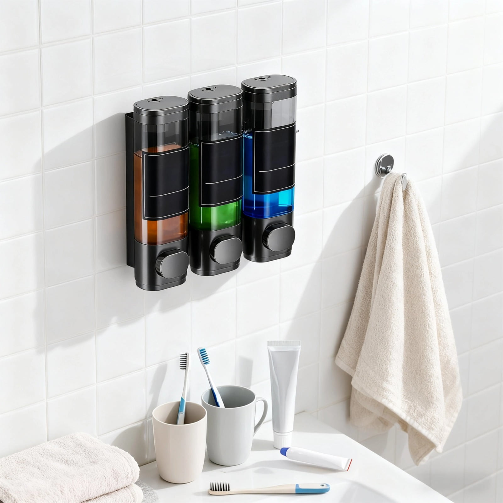3 Pcs Shampoo and Conditioner Dispenser, Wall Mount Shower Dispenser 3 Chamber No Drill, ABS Bathroom Soap Dispenser, 8.3 x 2.4 x 8.5 in, Gray