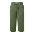 thumbnail image 6 of Plus Size Women's Cotton Linen Drawstring Elastic Waist Capri Shorts, Solid Pocket Lightweight Loose Trousers, Cool Summer Casual Bottoms for Home Vacation Outdoor | TruHer,Army Green 3XL, 6 of 7