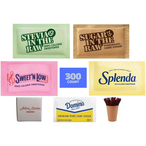 300 Count | Sugar and Sweetener Packets | Sugar Substitute | Pure Cane Sugar | Turbinado Sugar In The Raw | Brown and White Bulk Sugar | Zero Calorie Sweetener (300, With Stirrers)