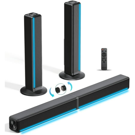 TV Sound Bar, Soundbar with RGB LED Lights & 2.1CH Bluetooth Speaker Surround System, 180W Surround Sound, 2 in 1 Detachable for Smart TV/Projector/Gaming/PC