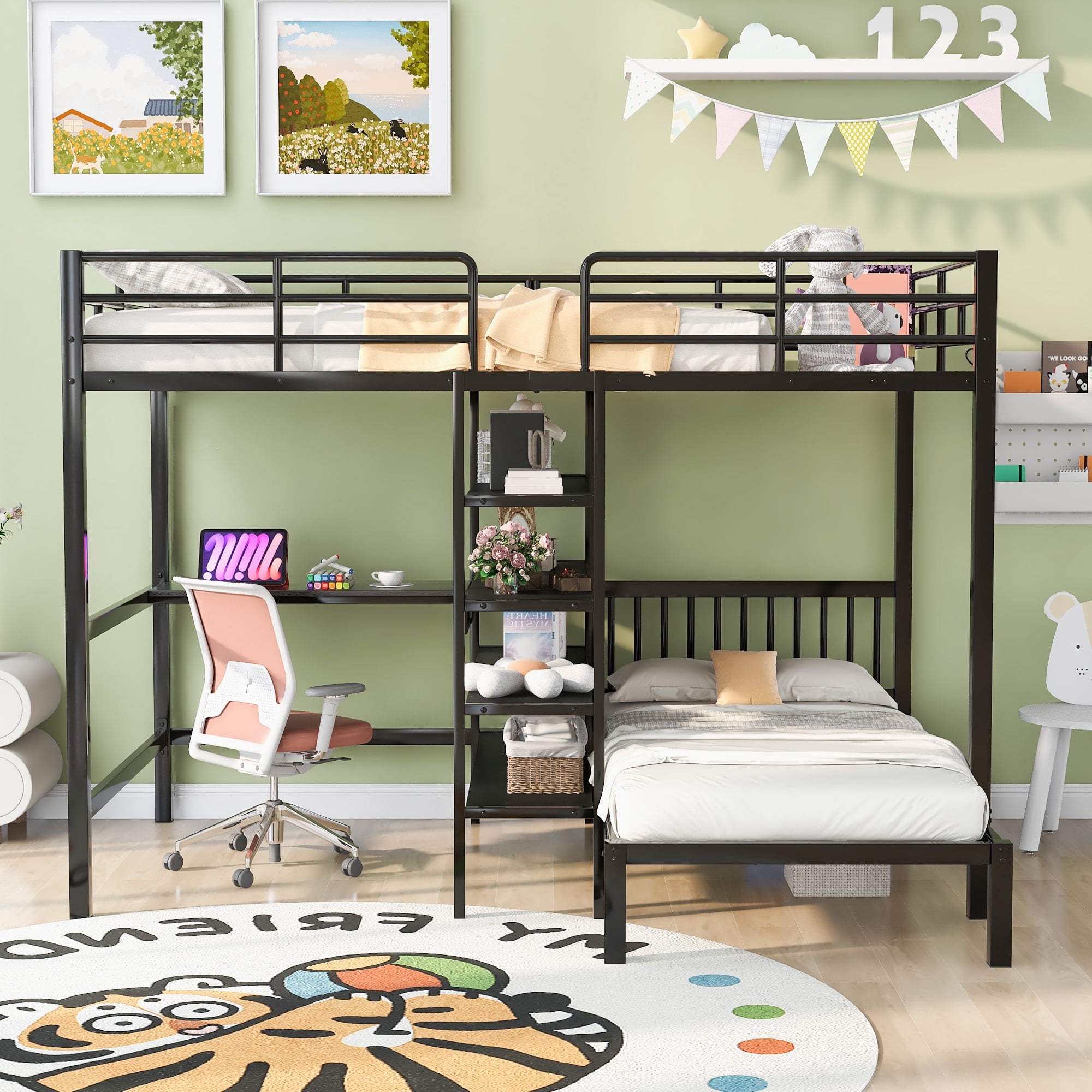 Full Over Twin Bunk Bed with Built-in Desk and Storage Shelves,L-Shape Heavy-Duty Metal Bunk Bed w/Staircase & Safety Guardrail,for Bedroom Boys Girls Adults,Black