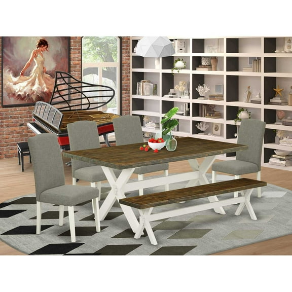 East West Furniture X077EN206-6 6-Piece Fashionable kitchen table set an Excellent Distressed Jacobean Color Kitchen Table Top and Distressed Jacobean Color Small Bench and 4 Beautiful Linen...