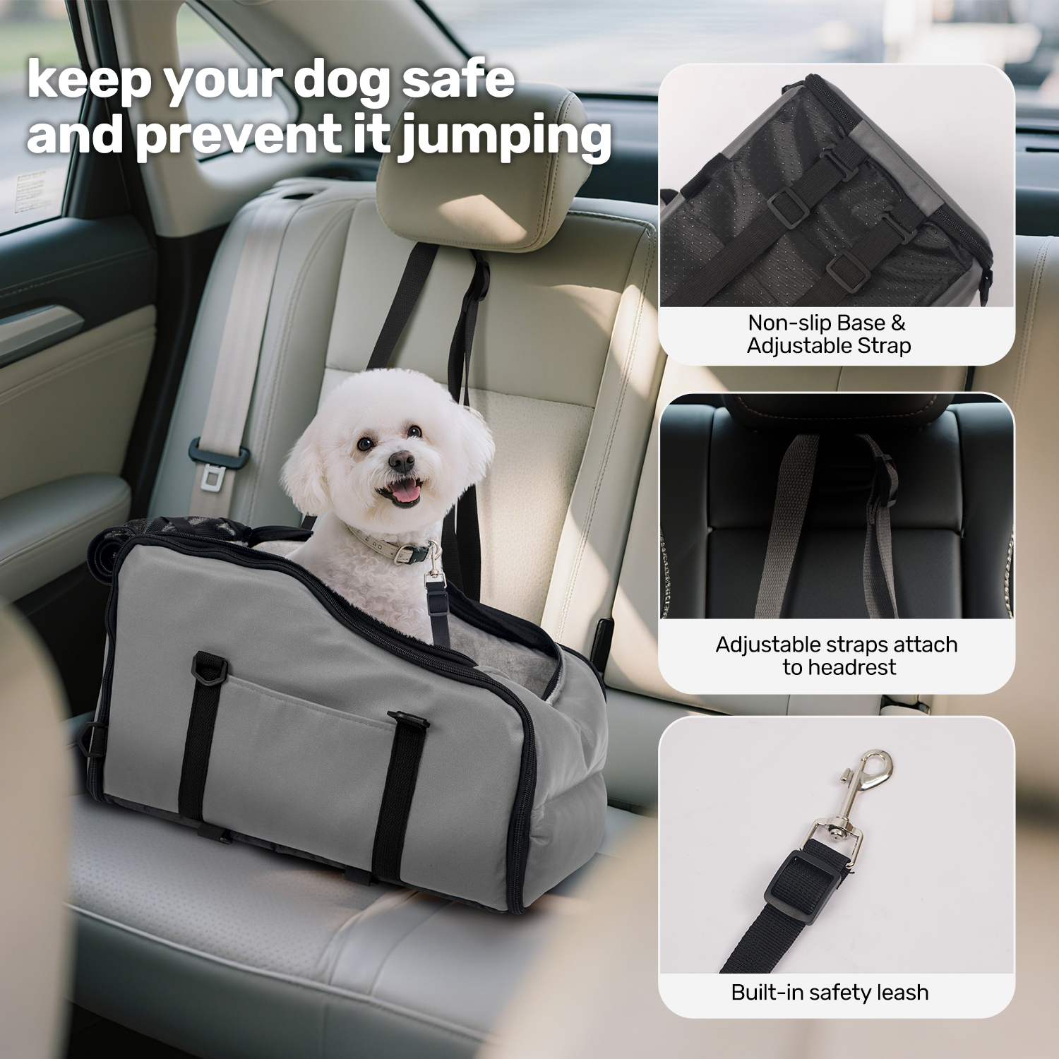 Niubya, Pet Booster Seat For Cars, Dog Car Carrier With Safety Harness, Portable Travel Vehicle Pet Bed for Small Dogs, Cats Easy-Clean & Sturdy Construction, Gray