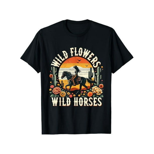 Sunset Cowgirl Riding Horse Wild Flowers T-Shirt - Breathable Cotton, Soft Short Sleeve Tee for Boys and Girls, Perfect Gift