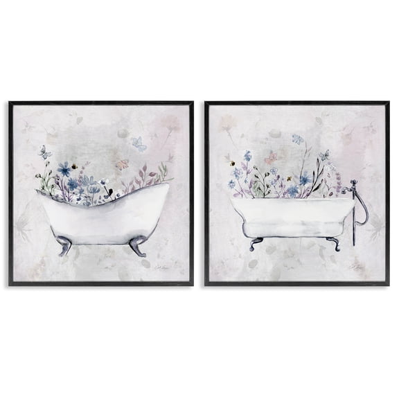 Stupell Industries Antique Tubs with Botanics Floral Painting Black Framed Art Print Wall Art, 12 x 12, Set of 2