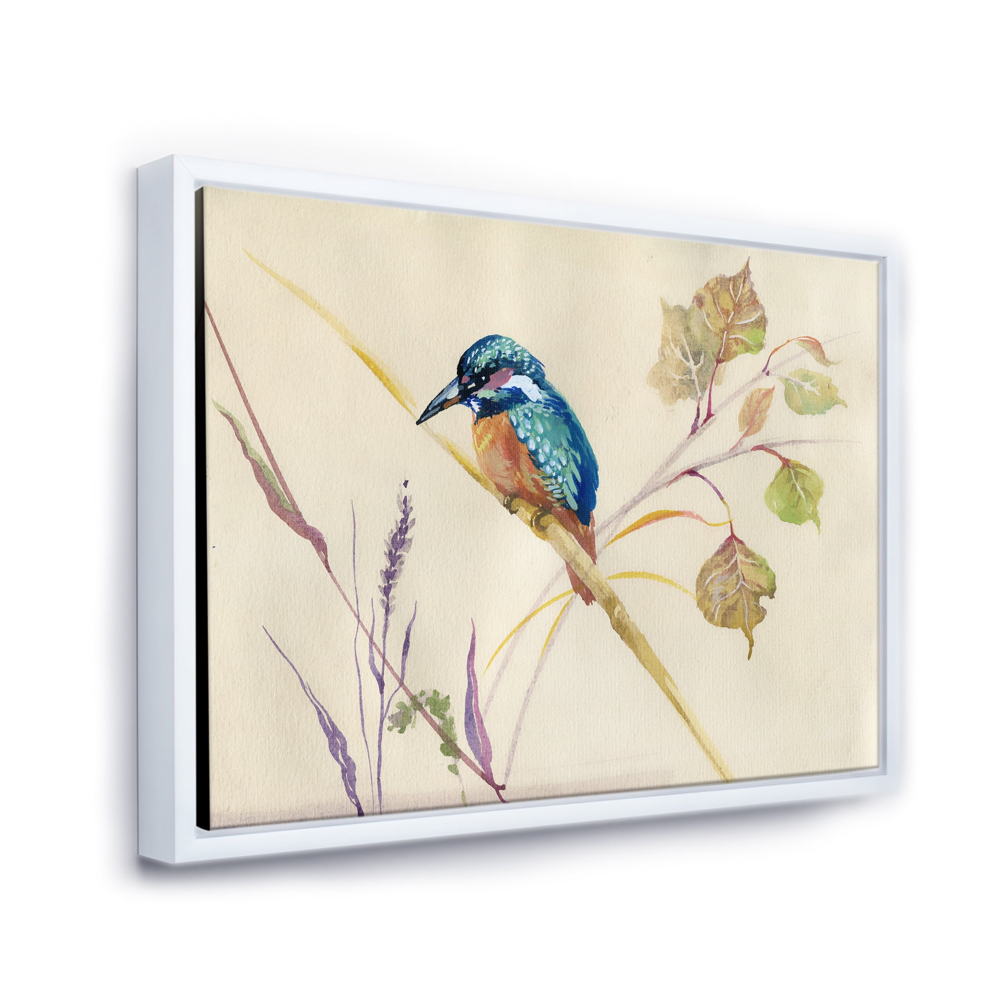 Designart 'Common Kingfisher Bird On Branch' Traditional Framed Canvas Wall Art Print