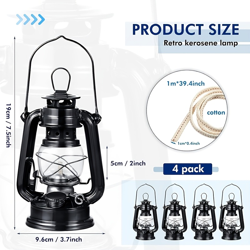 4 Pcs Black Hurricane Oil Lantern,3.7 x 7.5 Inch Portable Vintage Kerosene Lamp with Carry Handle Replacement Wick,Suitable for Emergency Camping Hiking Indoor Outdoor Party Decor