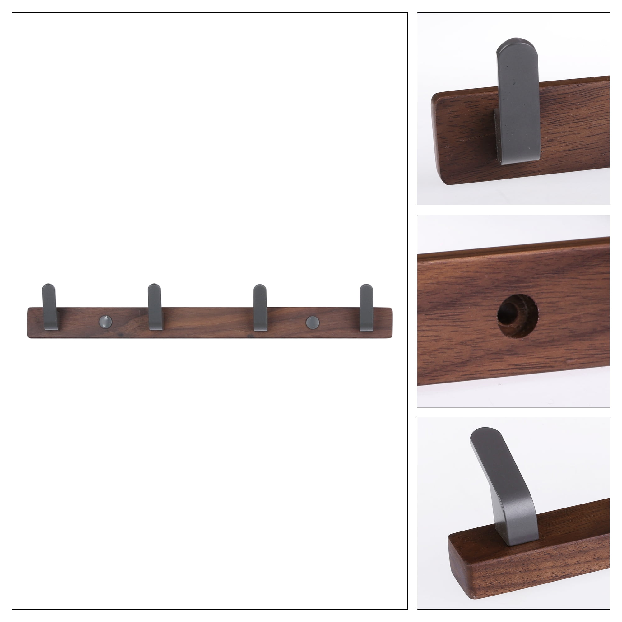 Unique Bargains Coat Rack Wall Mount Metal Wood Coat Hook for Hanging with 4 Hooks Gray
