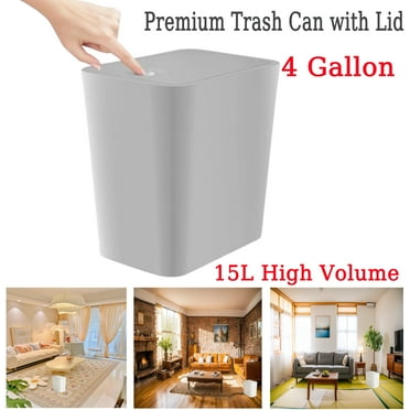 Bathroom Trash Can with Lid, 4.0 Gallon / 15 Liter Small Garbage Can with Press Top Lid, Plastic Wastebasket with Pop-up Lid for Toilet, Office, Bedroom, Living Room, Grey