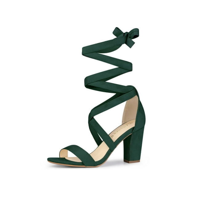 BLISSFUL STEP Sandales pour Femmes Couleur Unie Talons Blocs Moyens Sandales à Lacets Vert 9