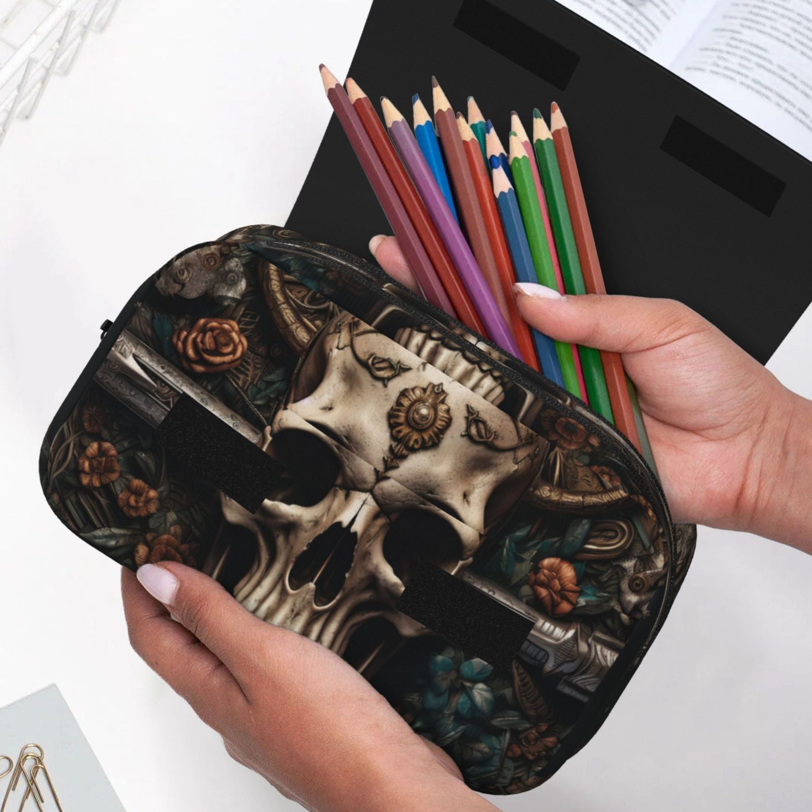 Rateoe Metal Style Horned Skull Pattern Double Clamshell Pen Case, Storage Organizer with Two Zipper Compartments– Holds Up to 50 Pencils & Pens