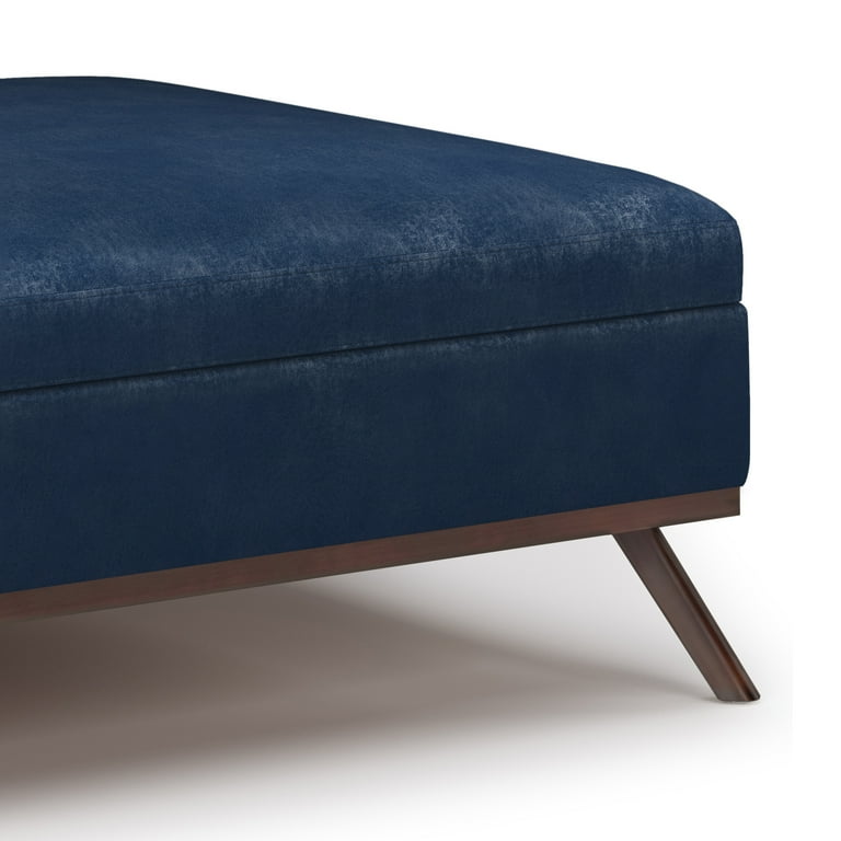 Simpli Home Owen Square Coffee Table Storage Ottoman in Blue Velvet Fabric