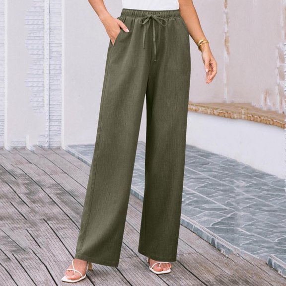 JUSLIO Linen Pants Women Comfortable Casual Lace-up Linen Straight Leg Pants Green L