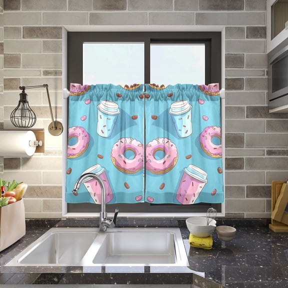 Coffee Cups Donuts Kitchen Curtains Half Tier Curtain 2 Rod Pockets Bathroom Bedroom Cupborad Living Room 27"x24"