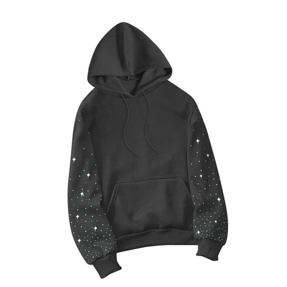 Womens Rhinestone Hoodies, Long Sleeve Pullover for Women Fall Fashion Solid Color Hooded Crewneck Sweatshirts with Pockets