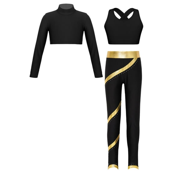 CHICTRY Kids Girls Sports Suit Solid Color Long Sleeves Crop Top Vest Metallic Striped Pants Athletic Outfit Set Gym Suit Black&Gold 12
