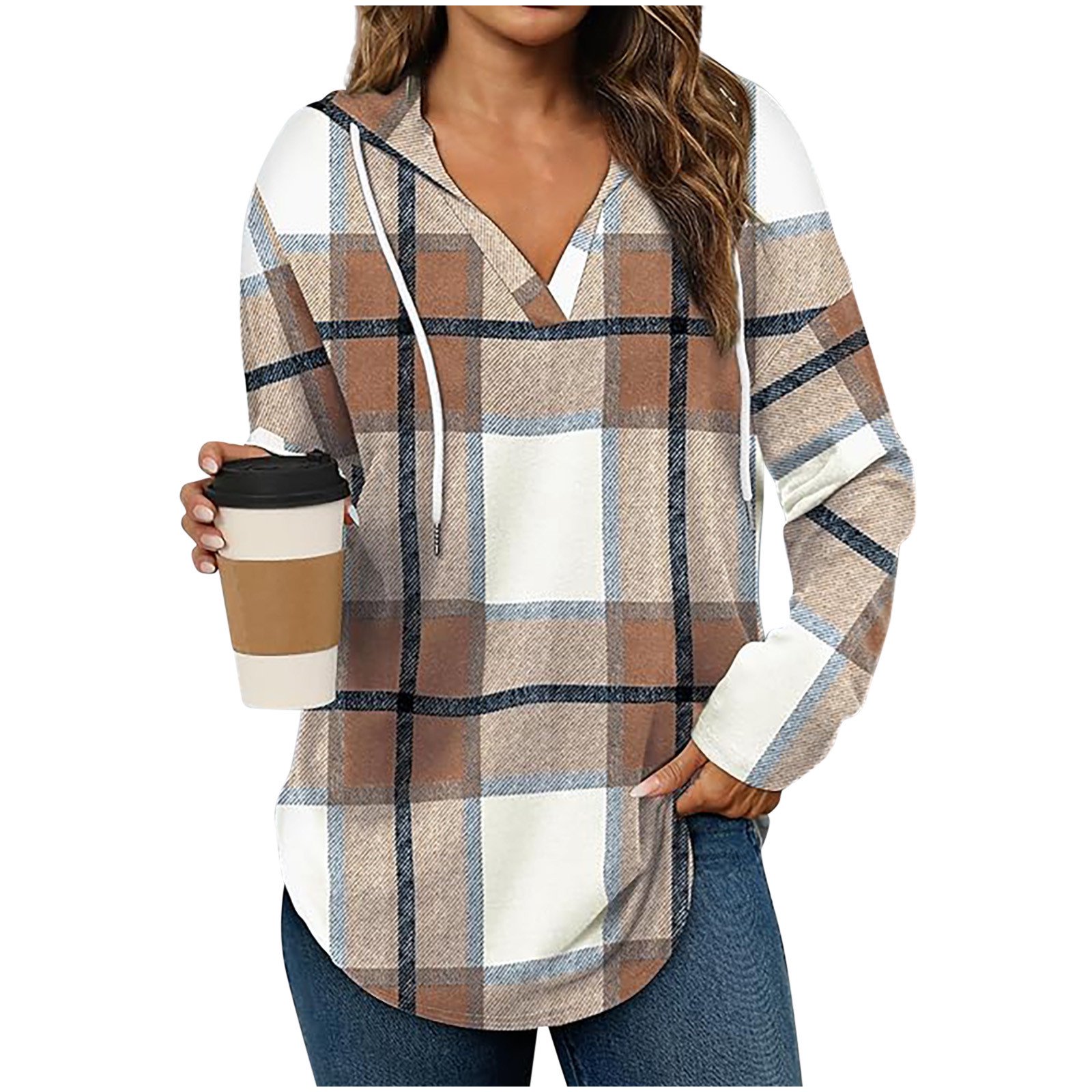 VEKDONE Womens Plaid Hoodies Long Sleeve Drewstring Hooded Pullover Casual Loose Fit Color Block Sweatshirts Fashion V-Neck Curved Hem Tops