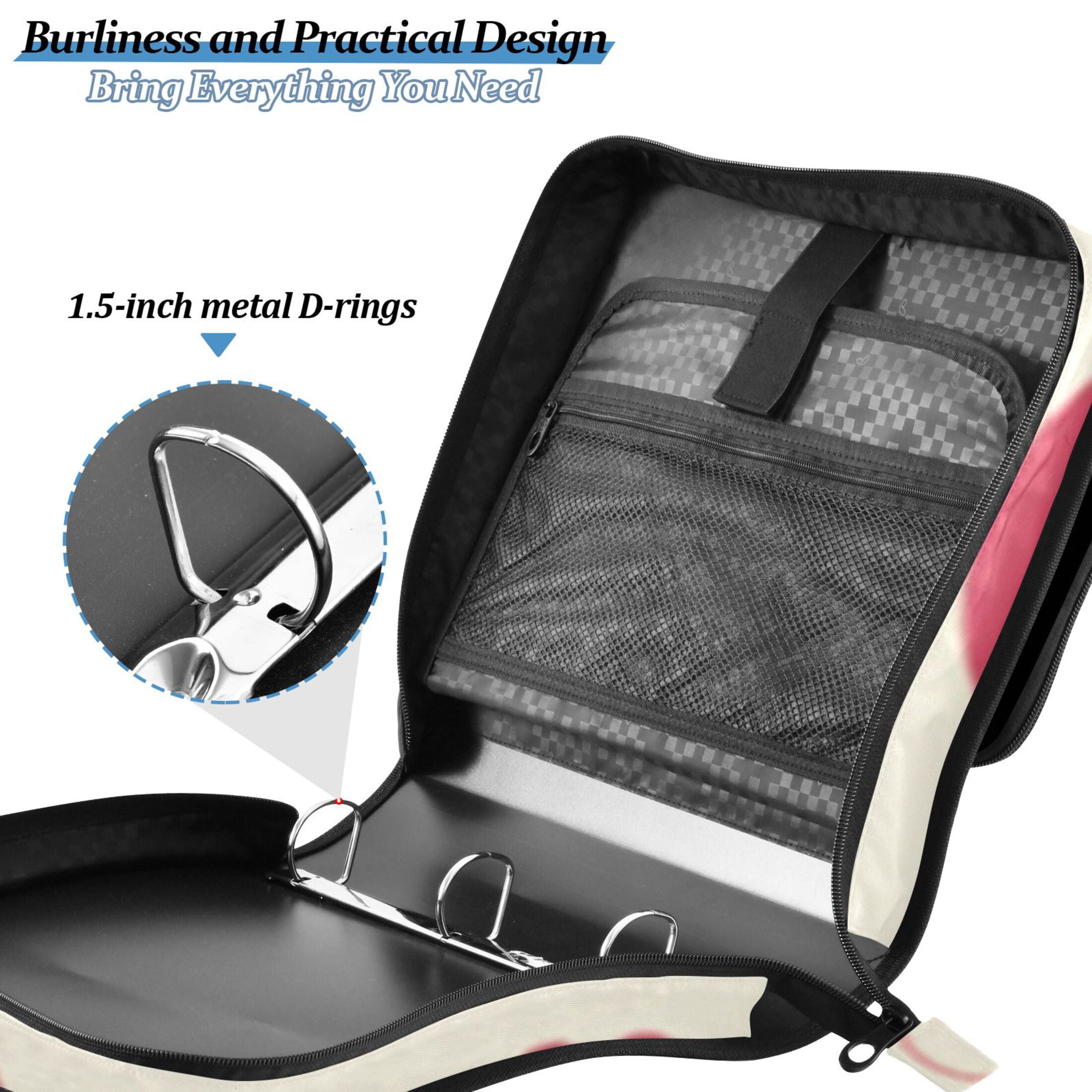 3 Ring Zipper Binder with Shoulder Strap Waterproof Trapper Keeper 2 Inch D-Ring 500 Sheets Capacity Heart on Circle