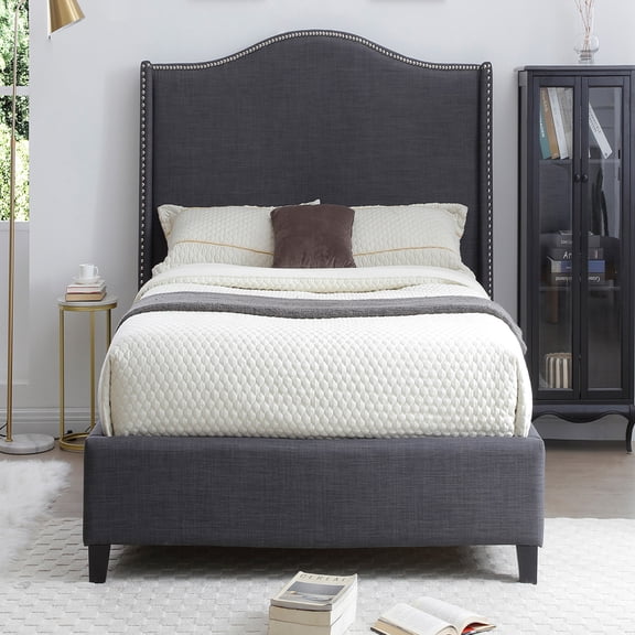 Hampton Linen Fabric Upholstered Twin Platform Bed in Charcoal