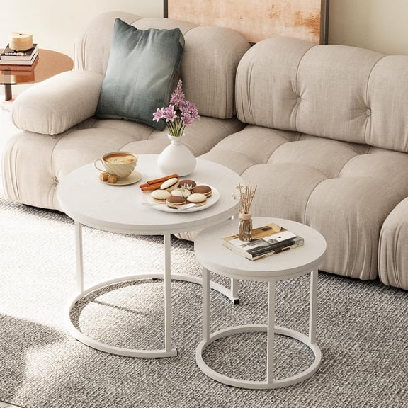 Nesting Coffee Table, 23.6" Round Coffee Table Set of 2, Wooden Nesting Table Set with Metal Frame, Side Tables for Living Room Bedroom Balcony, White
