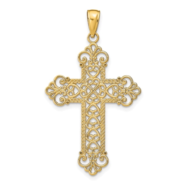 14K Yellow Gold Gold Polished Large Rope Frame Filigree Cross Pendant
