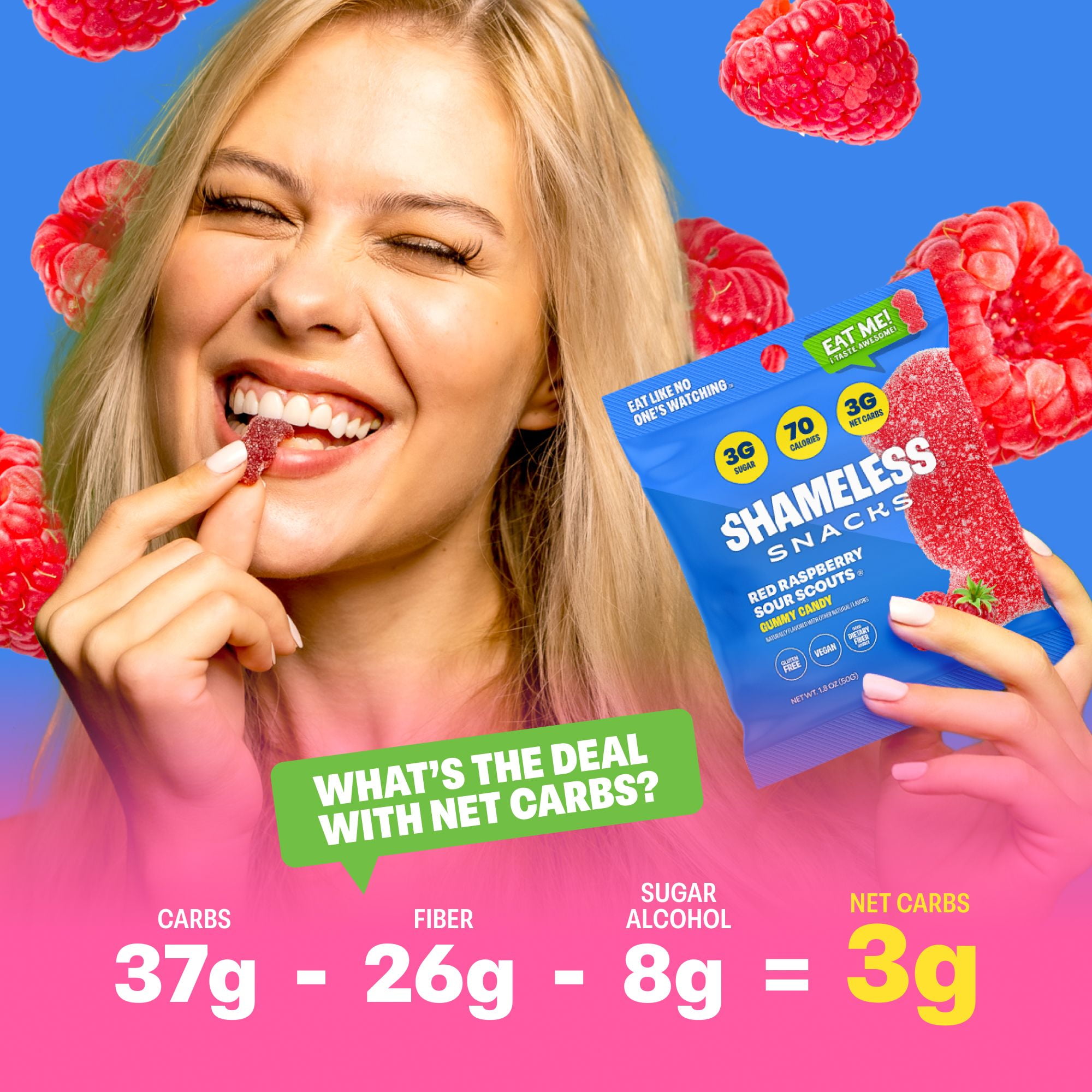 Shameless Snacks Red Raspberry Sour Scouts - Sour Candy & Fruit Snacks, Raspberry Gummy Candy, Keto Snacks in Bulk, 3g Sugar Gluten Free Vegan for Adults