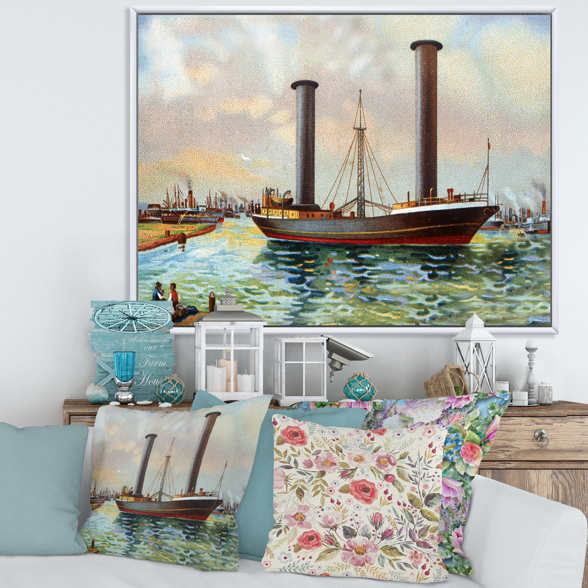 Designart 'The Ancient Boat Leaving The Harbor' Nautical & Coastal Framed Canvas Wall Art Print