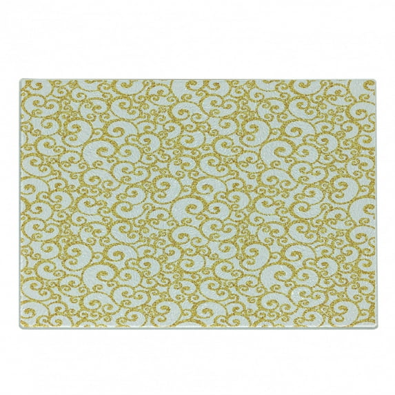 Victorian Cutting Board, Floral Ivy Swirls in Golden Yellow Shade Antique Motif Inspired Art Print, Decorative Tempered Glass Cutting and Serving Board, Small Size, Yellow and White, by Ambesonne