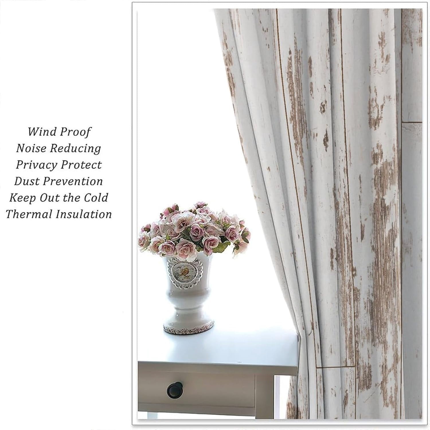 Rustic Curtains Farmhouse Wood White Blackout Print Rod Pocket Window Drapes for Bedroom Living Room 42x54in