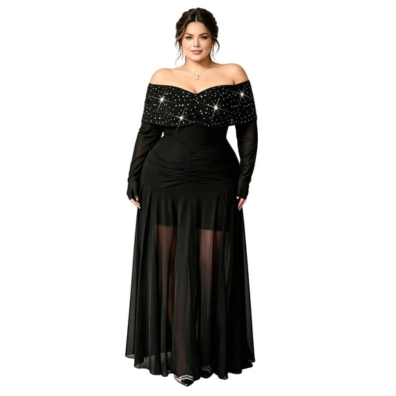 LMLYSoH Women’s Glitter Long Dress Off Shoulder Long Sleeve Homecoming Dress Plus Size Flowy Dress