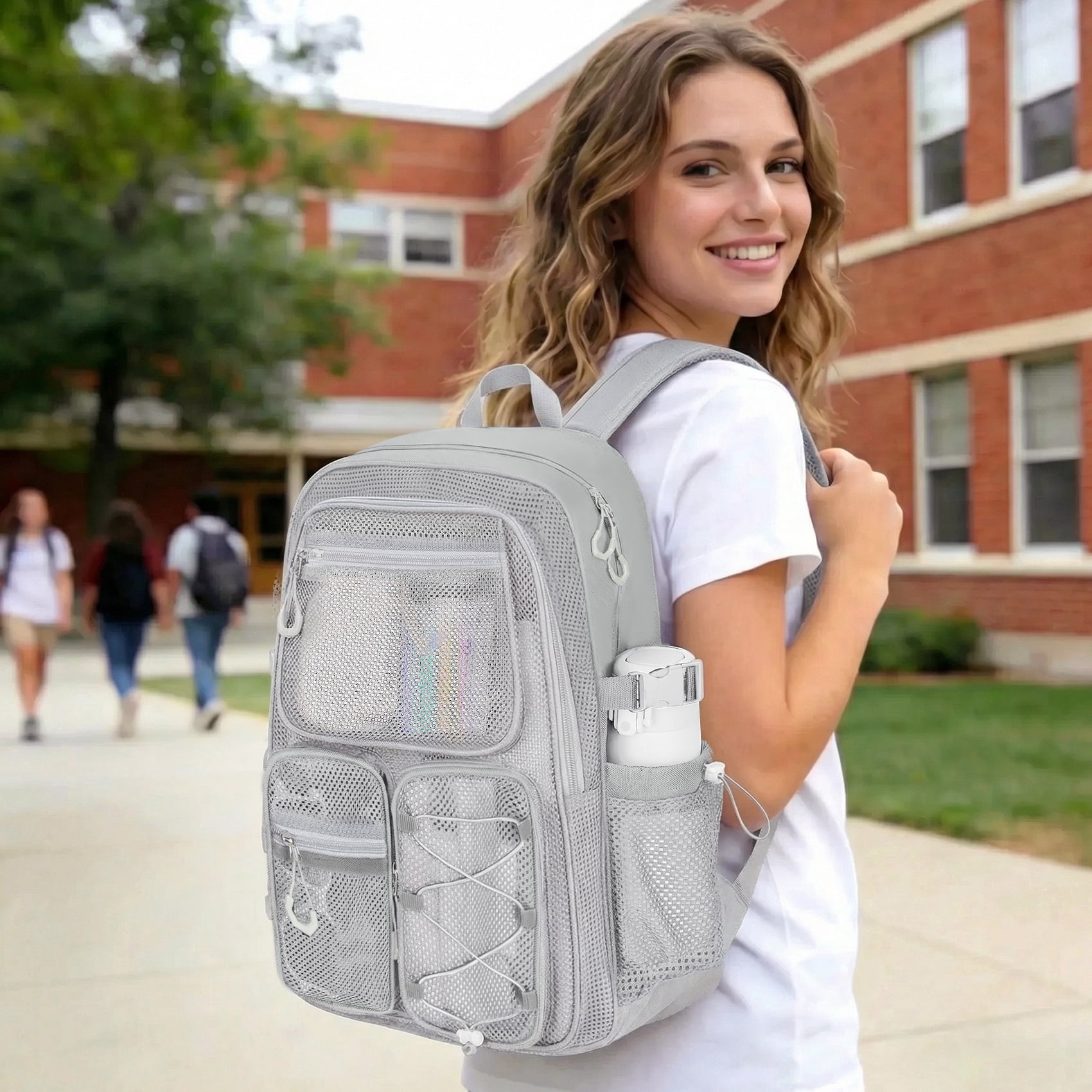 KOITHOT Mesh Backpack Heavy Duty, Stadium Approved Multi-Pocket Beach Backpacks for Adults, See Through Transparent Mesh Bookbag for School & Travel(Gray)