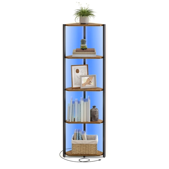 VASAGLE Corner Shelf Stand with LED lights, 5-Tier Corner Bookshelf, Storage Shelf with Steel Frame, 9.8 x 18.9 x 57.7 Inches, Rustic Brown