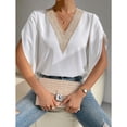 thumbnail image 2 of Tops de manga corta con volantes para mujer de moda Casual Camisa de manga corta con cuello en V profundo de encaje para trabajo diario Compras Blanco Contraste Color L, 2 of 8