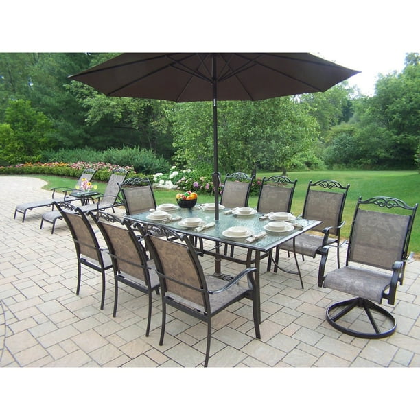 Oakland Living Cascade 8 Piece Patio Dining Set with Umbrella and Stand