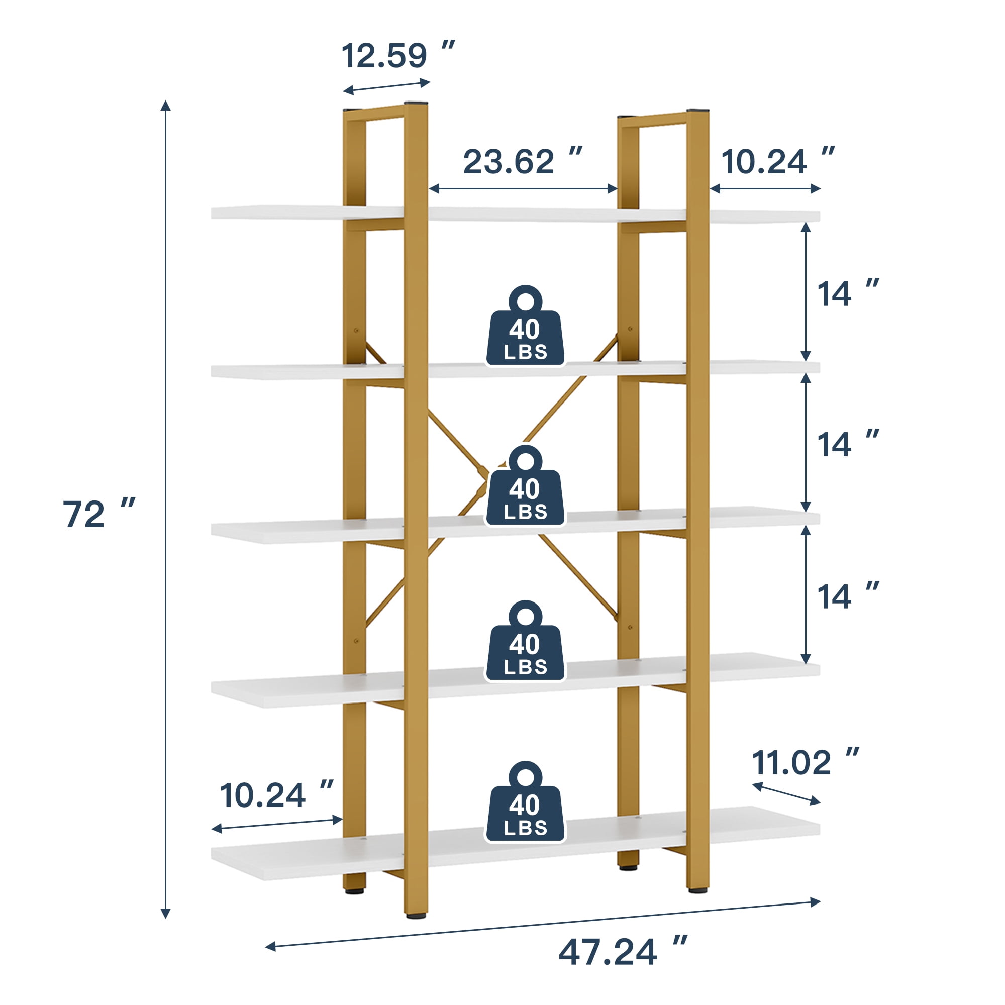 Demi Bonn 5 Tier Bookshelf, Bookshelves, Open Etagere Bookcase Shelf Storage Organizer, Free Standing Storage Shelving Unit for Bedroom, Living Room and Home Office, White & Gold