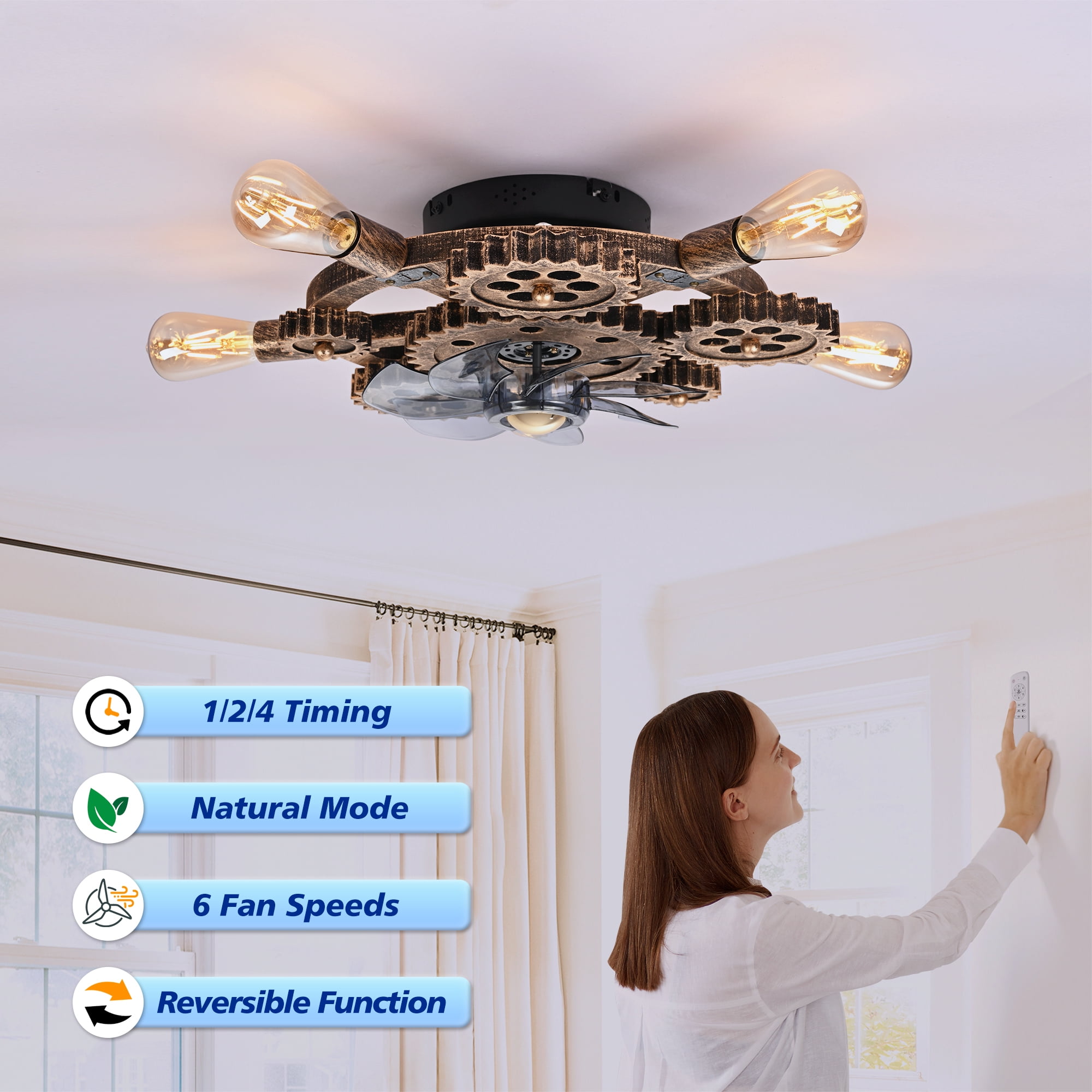 Leumius 19.6" Industrial Ceiling Fan with Light and Remote,Retro Ceiling Fan Lights with 7 Blades for Living Room Bedroom Dining Room (NOT Included Bulbs)