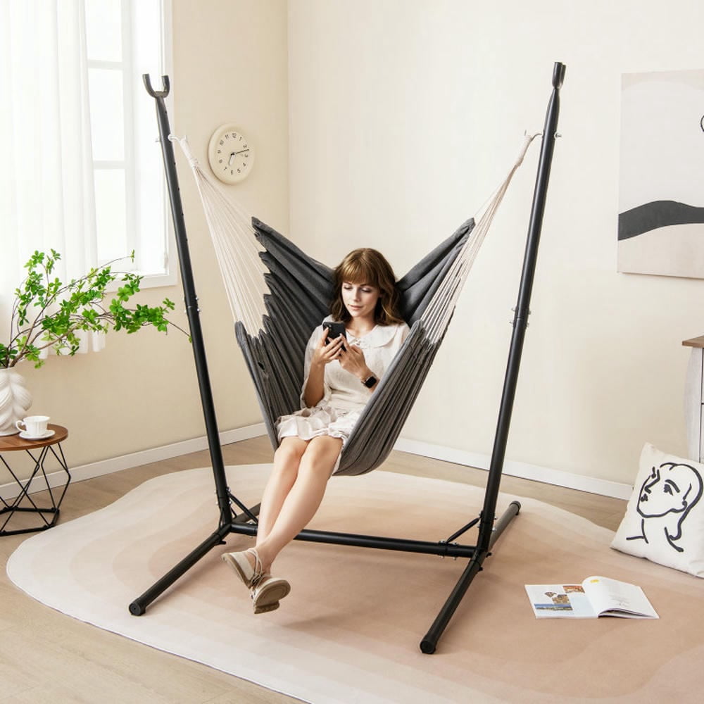 GVN Hammock Chair with Stand 6-Position Adjustable Height and Side Pocket-Gray