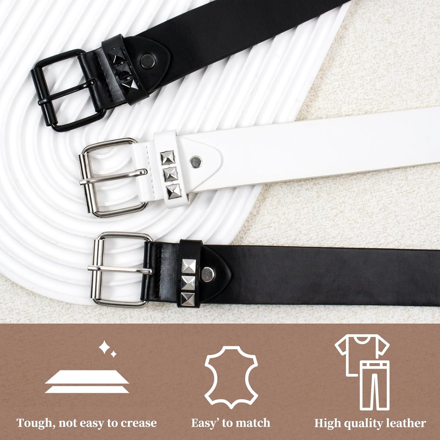 5641 White & Black Genuine Leather Studded Punk Rock Goth Y2k Unisex Belt White Belt Black Studs Pyramid Studded Leather Belt Punk  main image 4