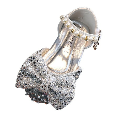 

nsendm Fashion Spring And Summer Girls Sandals Dress Dance Show Princess Shoes Rhinestone Bowknot Pearl Soccer Slides for Girls Sandal Silver 10.5 Years