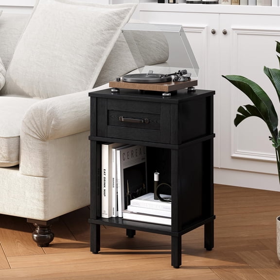 Farmhouse Nightstand with Drawer, Wood Bedside Table with Open Shelf, Modern Bedside Cabinet for Bedroom, Small End Table, Side Tables with Storage Shelf for Bedroom