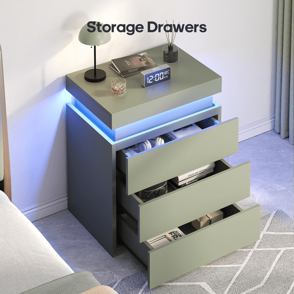 Plonmago Nightstand with Charging Station and LED Lights,Sliding Top,Bedside Table with Drawers,Modern End Side Table for Bedroom,Matcha Green