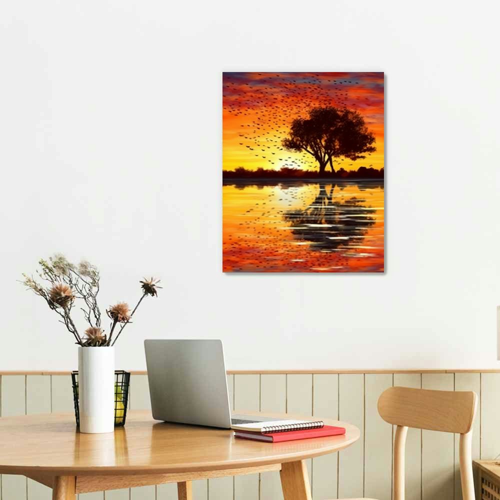 Nawypu  Music Wall Art Abstract Guitar Tree Lake Sunset Canvas Paintings Guitar Wall Art Decor Music Picture Guitar Artwork Printed for Bedroom Living Room Music Lover Decor Framed