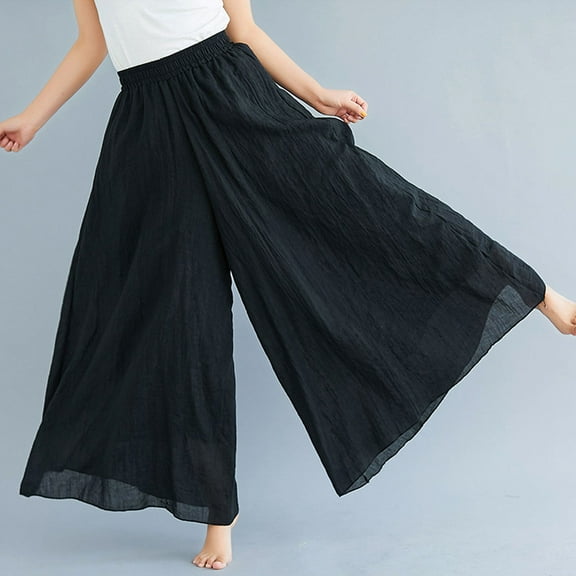 GAXIRE Women's Wide Leg Cotton Linen Trousers, Black, Comfortable Breathable Pants, 1 Pair