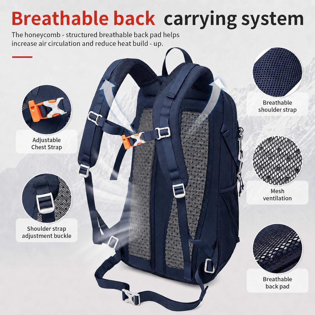 JIDIZHE 35L Hiking Backpack, Water Resistant Daypack with Rain Cover, Lightweight Design, Adjustable Chest Strap & Breathable Back Pad, Unisex for Hiking, Camping & Travel,Blue