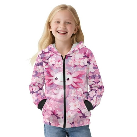 FUIALDOLG Girls Axolotl Cherry Blossom Print Sweatshirts Pink Zip Up Jacket for Girls Warm Cropped Hoodies Teen Casual Long Sleeve Jackets with Pockets Size S