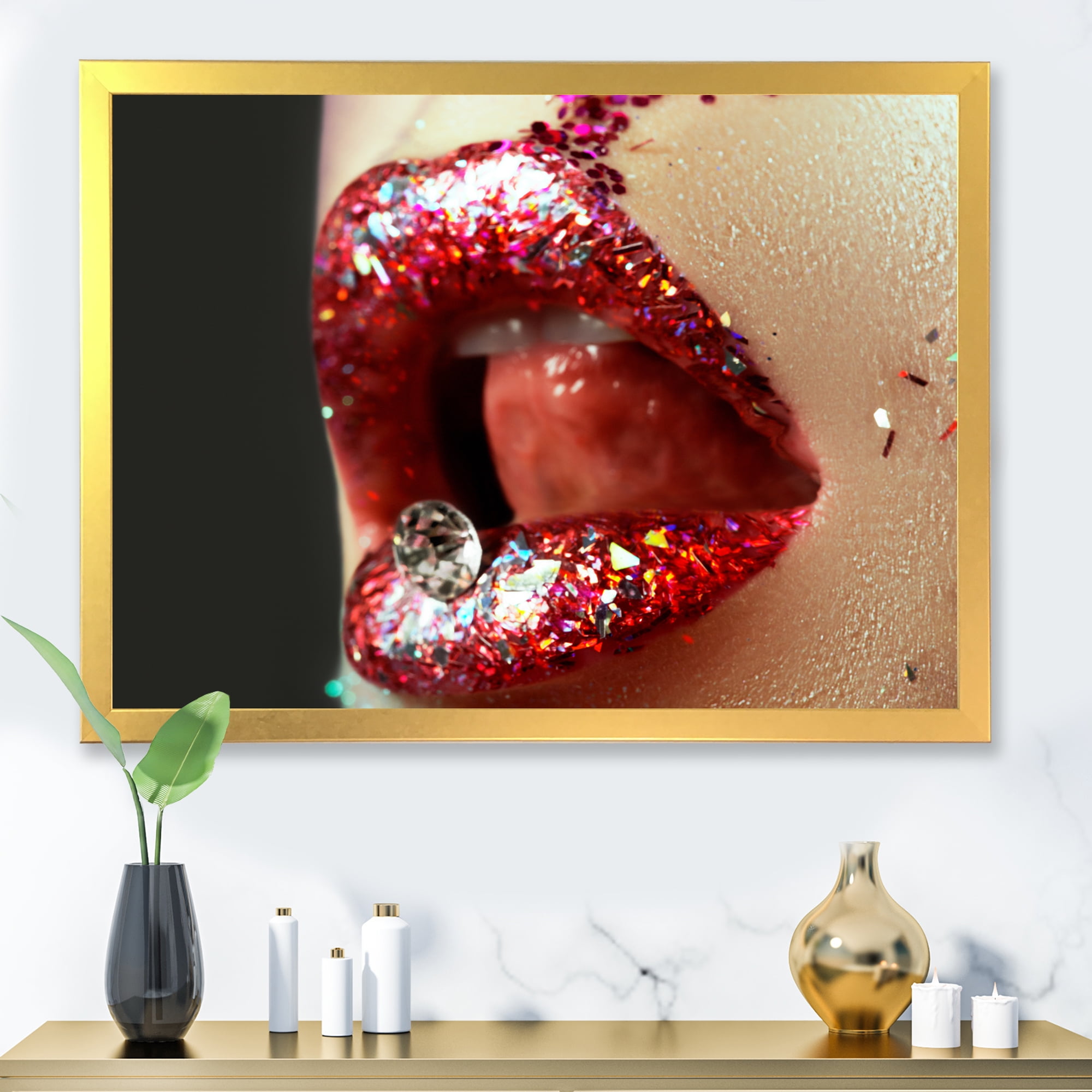 Designart 'Artistic Girl Lips Make-Up' Modern Framed Art Print